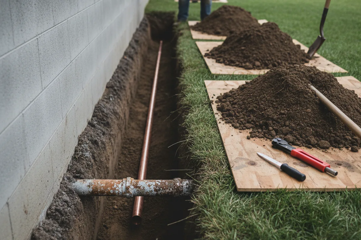 Excavated water line trench during Water Heater Repair in Huntington Station